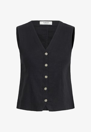 Gilet nero senza maniche con scollo a V e cinque bottoni chiari sulla parte anteriore, realizzato in tessuto strutturato.