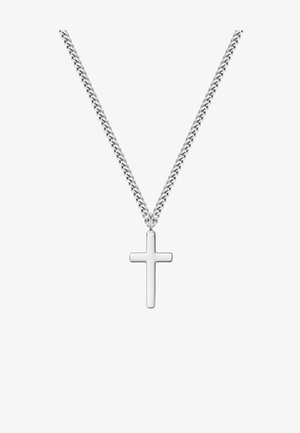 Collar de cadena plateada con un colgante simple de cruz lisa. La cadena tiene un diseño plano y delicado. El colgante está pulido y no tiene detalles.