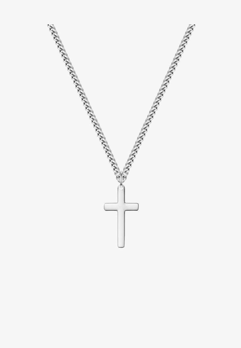 Zilveren ketting met een eenvoudig, glad kruisvormig hangertje. De ketting heeft een plat, delicaat ontwerp. Het hangertje is gepolijst zonder details.