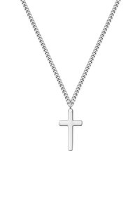 Collar de cadena plateada con un colgante simple de cruz lisa. La cadena tiene un diseño plano y delicado. El colgante está pulido y no tiene detalles.