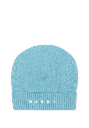 Gorro de punto azul claro con puño doblado que presenta pequeños detalles en letras blancas que forman "MARNI" en la parte frontal.