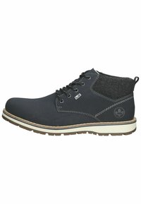 Stivale alla caviglia nero con esterno in pelle liscia, colletto in tessuto grigio, suola bianca a contrasto e dettagli decorativi con cuciture e logo.