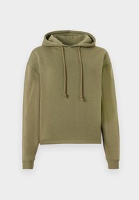 Sweat à capuche vert olive en coton doux, doté d'une capuche à cordon, de manches longues et de poignets côtelés avec une coupe décontractée.