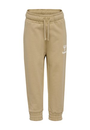 Beige bomulds sweatpants med snoretræk i taljen, ribbede ankler og et hvidt logo på venstre lår. Blød, glat tekstur.