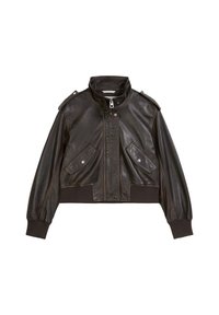 Schwarze, taillierte Lederjacke mit hohem Kragen, Reißverschluss und zwei vorderen Taschen. Mit gerippten Bündchen und Schulterklappen.