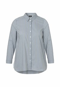 Blau-weiß gestreiftes Hemd mit langen Ärmeln, klassischem Kragen und abgerundetem Saum.