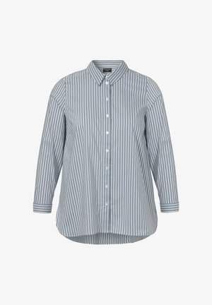 Chemise à rayures verticales bleues et blanches, boutonnée, à manches longues, col classique et ourlet arrondi.