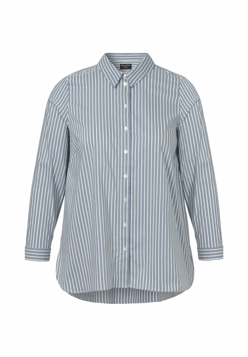 Blau-weiß gestreiftes Hemd mit langen Ärmeln, klassischem Kragen und abgerundetem Saum.