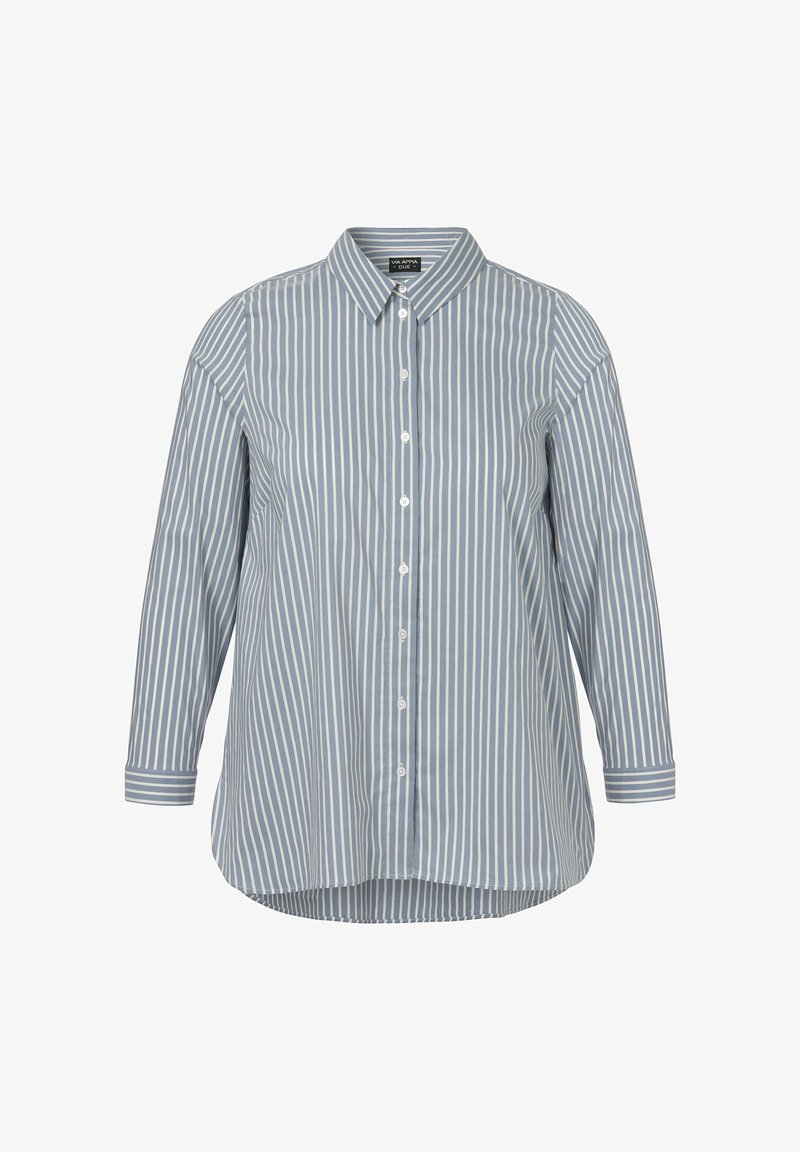 Blau-weiß gestreiftes Hemd mit langen Ärmeln, klassischem Kragen und abgerundetem Saum.