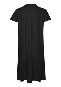 Czarna sukienka bawełniana z krótkimi rękawami, okrągłym dekoltem i marszczonym, falbaniastym dołem. Prosty design o luźnym kroju i gładkiej fakturze.