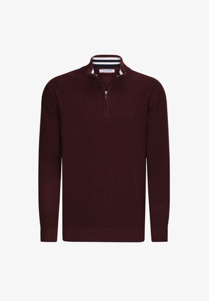 Burgunderfarbener Strickpullover mit langen Ärmeln und halbem Reißverschlusskragen. Verfügt über eine gerippte Textur und gestreifte Details am inneren Kragen.