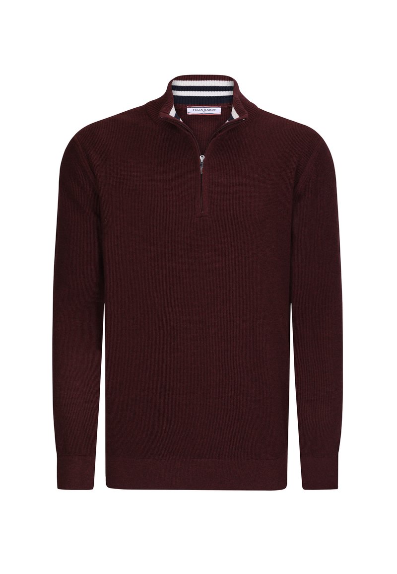 Burgundi värvi kootud kampsun pikkade varrukatega ja poole tõmbega kaelusega. Omab ribakujundust ja triibulist sisekaelust.