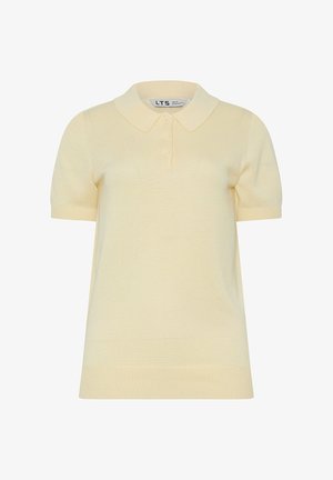 Vaaleankeltainen lyhythihainen poolopaita, jossa on ribbineulottu rakenne, kolme nappia edessä ja klassinen kaulus.