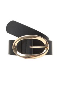 Czarny skórzany pasek z dużą, owalną klamrą w złotym odcieniu o eleganckim designie i gładkiej fakturze. Prosta, nowoczesna estetyka.