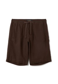 Pantaloni corti in lino marroni con cintura elastica, tasche frontali e cordoncino. Tessuto morbido con taglio dritto e senza motivi visibili.