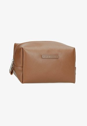 Bolsa de aseo rectangular de textura marrón con cremallera y logo "PEPE JEANS" en el frente.