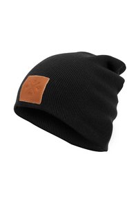 Black ribbed beanie hat featuring a tan leather patch with embossed design. Soft, textured fabric with a slouchy silhouette.