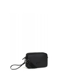 Borsa a tracolla rettangolare nera realizzata in materiale testurizzato, con chiusura a zip, tracolla regolabile e un piccolo logo sulla parte anteriore.