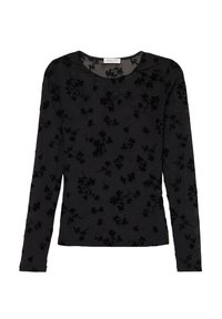 Haut à manches longues noir avec une texture transparente, présentant un motif floral en velours noir sur un fond rayé. Encolure ronde.