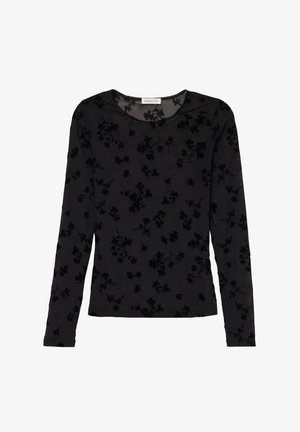Schwarzes Langarmoberteil mit transparenter Textur, das ein florales Muster aus schwarzem Samt auf gestreiftem Hintergrund zeigt. Rundhalsausschnitt.