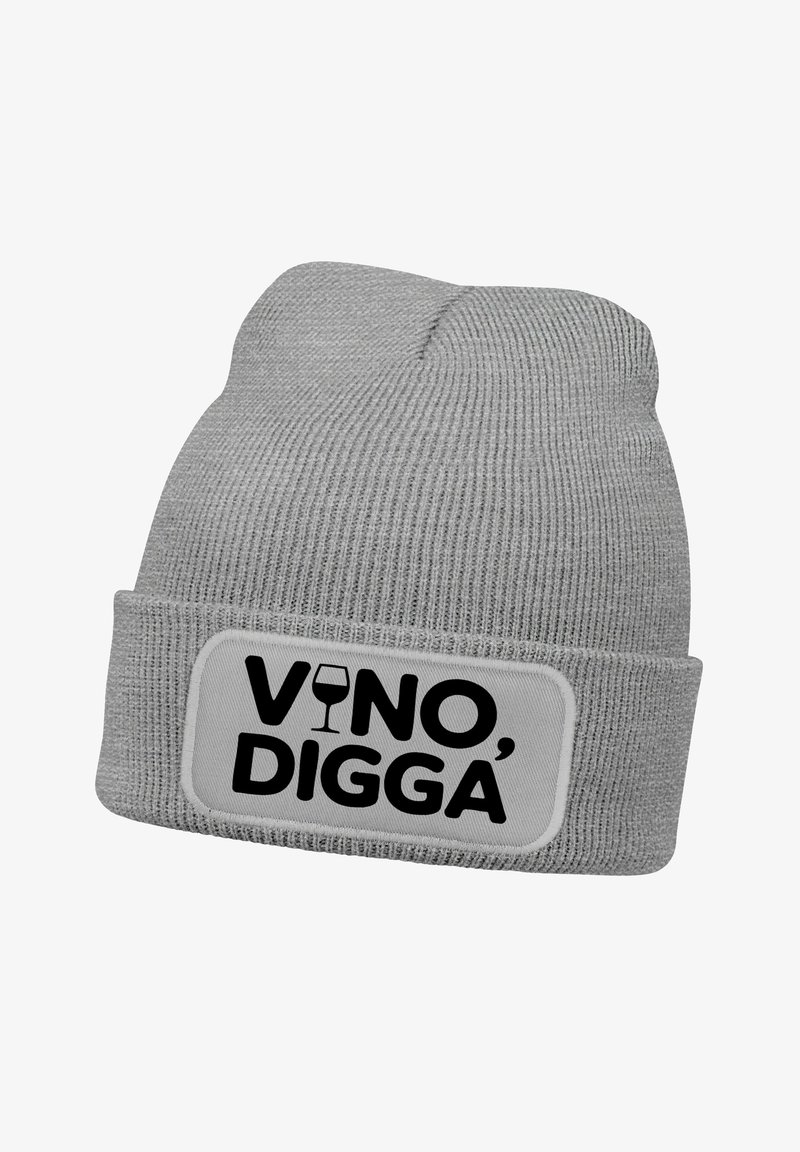 Gray knit beanie featuring a white patch with the text "VINO, DIGGA" and a wine glass graphic. Text is in bold black font.