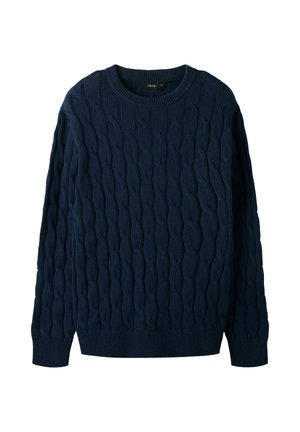 Pull bleu marine torsadé avec manches longues et col, poignets et ourlet côtelés, posé à plat sur fond blanc.