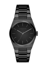Svart metall armbandsur med en elegant, minimalistisk design. Rund urtavla med tunna timmarkörer och visare. Armband i stil av länkar med polerade ytor.
