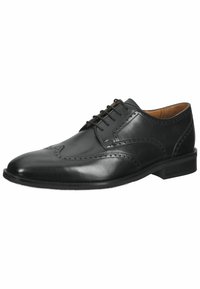 Scarpa oxford nera in pelle con cuciture testurizzate, punta rotonda e lacci. Presenta dettagli brogue lungo la parte superiore e una finitura liscia.