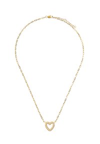 Złotonośny naszyjnik z delikatnym łańcuszkiem, z zawieszką w kształcie serca z wycięciem, ozdobioną małymi okrągłymi akcentami. Proste zapięcie.
