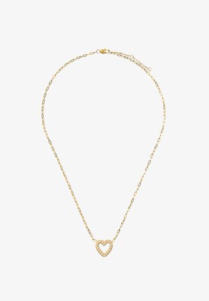 Złotonośny naszyjnik z delikatnym łańcuszkiem, z zawieszką w kształcie serca z wycięciem, ozdobioną małymi okrągłymi akcentami. Proste zapięcie.