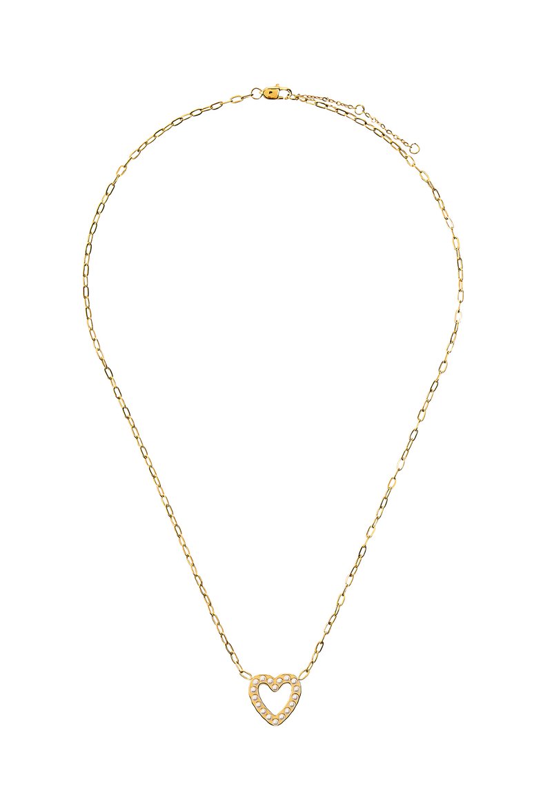 Złotonośny naszyjnik z delikatnym łańcuszkiem, z zawieszką w kształcie serca z wycięciem, ozdobioną małymi okrągłymi akcentami. Proste zapięcie.