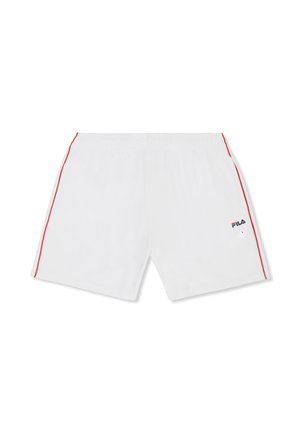 Witte sportshorts met rode zijkstrepen en een FILA-logo op het onderste rechterbeen, voorzien van een elastische tailleband.