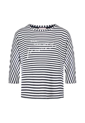 Schwarz-weiß gestreiftes kurzärmeliges Oberteil mit rundem Ausschnitt und weißem, kursivem Text auf der Vorderseite.