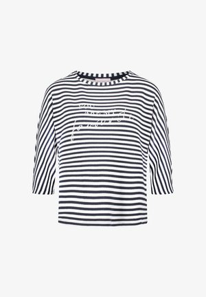 Haut à manches courtes rayé noir et blanc avec encolure ronde et texte blanc en écriture cursive sur le devant.