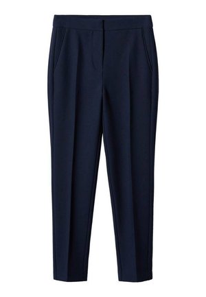 Pantalon marine avec une texture lisse, jambes fuselées et poches avant. Présente un devant plat et des détails plissés pour un look structuré.