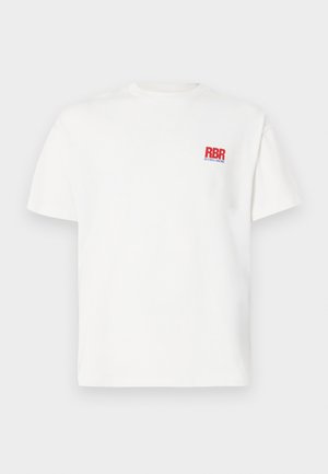 White cotton t-shirt with short sleeves, round neck, featuring a red and blue "RBR" logo on the left chest area. Smooth texture.