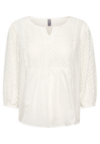 Blusa bianca con scollatura a V, caratterizzata da dettagli in pizzo texturizzato e un busto arricciato. Maniche lunghe con arricciatura a palloncino e polsini elasticizzati.