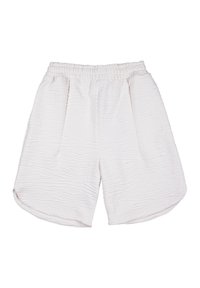 Shorts bianchi in tessuto testurizzato con una cintura elastica, dotati di due tasche frontali e di una vestibilità ampia e morbida. Motivo in tessuto leggermente stropicciato.