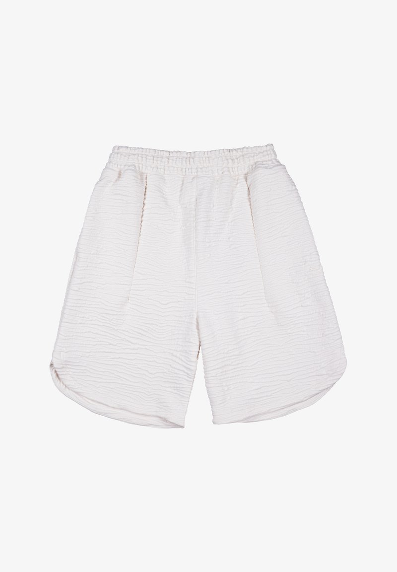 Shorts bianchi in tessuto testurizzato con una cintura elastica, dotati di due tasche frontali e di una vestibilità ampia e morbida. Motivo in tessuto leggermente stropicciato.