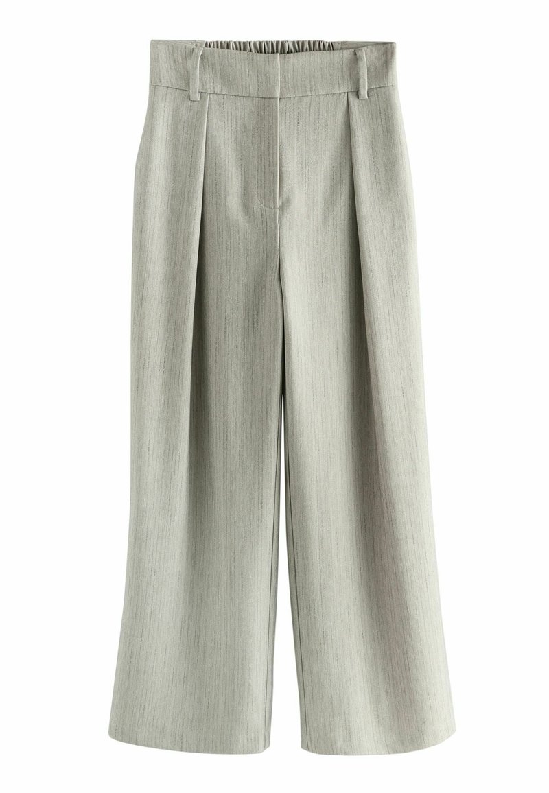 Lichtgrijze wijde pantalons met een gestructureerde afwerking, geplooide voorkant en elastische tailleband voor een comfortabele pasvorm.