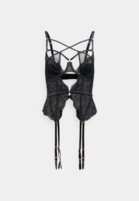Černý krajkový korzet s průhlednými košíčky, křížovými popruhy, vroubkovanými okraji, nastavitelnými podvazkovými popruhy a akcenty ze zlatého tónu.