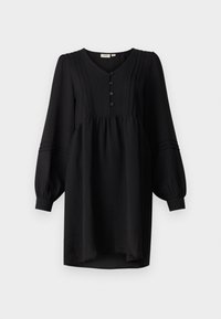 Robe noire à manches longues avec un décolleté en V, devant à boutons et taille froncée. Présente des plis aux épaules et des poignets élastiques. Texture de tissu lisse.