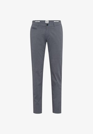 Slim-fit herrebukser i grå med bæltestropper, lynlås, knaplukning samt lommer foran og bagpå, vist på hvid baggrund.