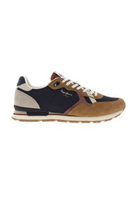 Men's sneakers with a combination of navy blue, brown, and light gray suede and mesh. Features white laces and rubber soles with a textured design.