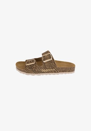 Bruine slidesandaal met zebraprintbandjes, twee verstelbare gespen, kurken voetbed en witte textuursuola.