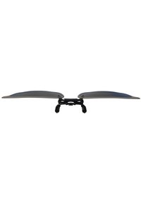 Two-winged eyeglass frame with a matte black metal bridge, featuring large, curved gray lenses and sleek, minimalist design.