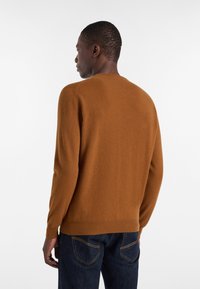 Maglione marrone realizzato in morbido tessuto a maglia, con maniche lunghe, scollatura a girocollo e dettagli a costine sui polsini e sull'orlo. Abbinarlo a jeans scuri.