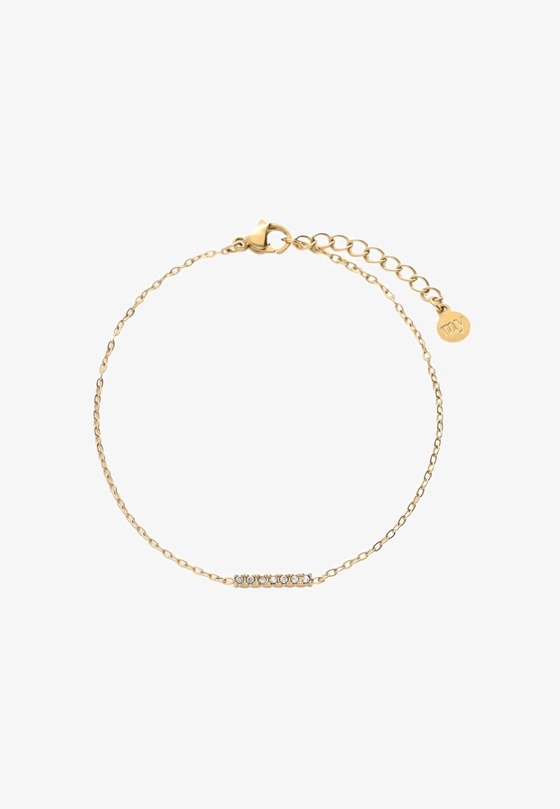 Delicate gouden schakelarmband met een kleine horizontale staaf bezet met heldere kristallen en een verstelbare sluiting met een ronde charme.