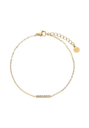 Delicate gouden schakelarmband met een kleine horizontale staaf bezet met heldere kristallen en een verstelbare sluiting met een ronde charme.