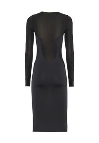 Svart långärmad klänning med genomskinlig ryggpanel och figurnära design, knälång med en mjuk yta.